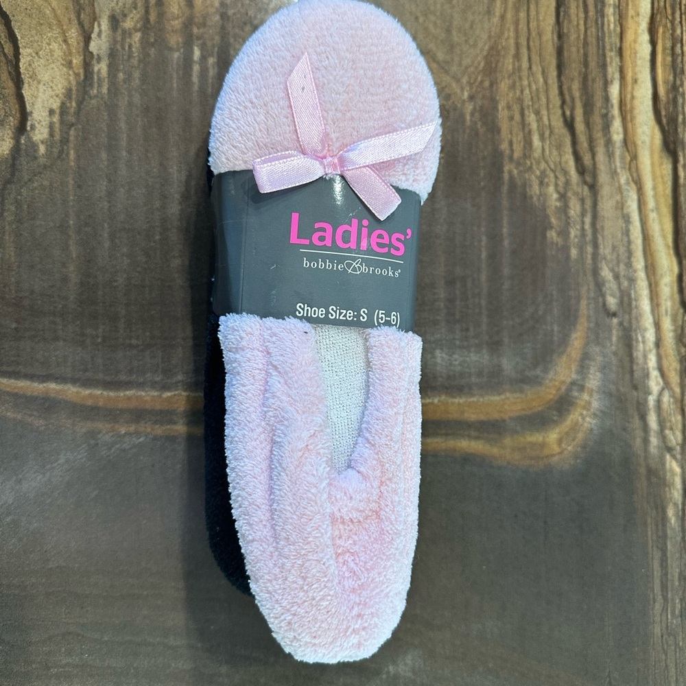 Bobbie Brooks Pink & Black Plush Slippers with Decorative Bows